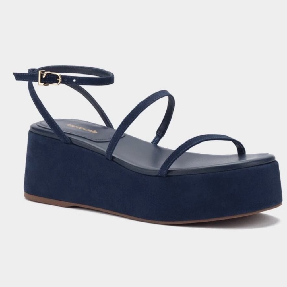 NEW Larroude The Gio Navy Blue Suede Platform Strappy Sandal Heels US 8.5
